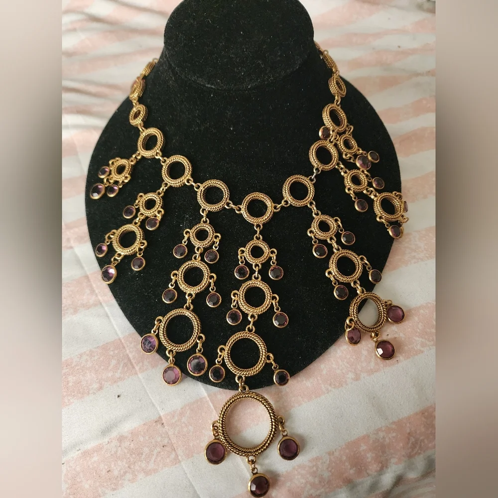 VINTAGE GOLDETTE AMETGYST GLASS CRYSTAL FESTOON BIB COLLAR NECKLACE - Picture 1 of 2